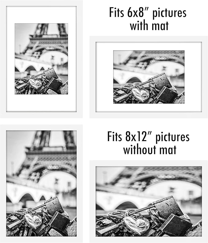 Americanflat 8x12 Picture Frame with Polished Plexiglass - Set of 5 - Use as 6x8 Frame with Mat or Display 8x12 Photo Without Mat - Galleria Collection - Picture Frames for Wall Display - White