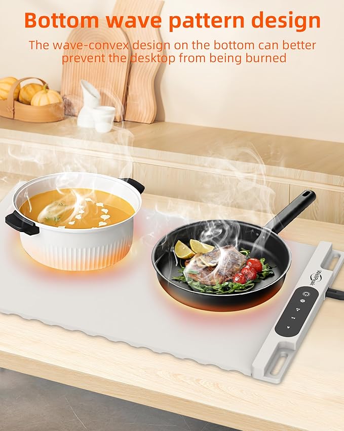 Electric Warming Mat for Food - Full Surface Fast Heating Silicone Tray with 3-Level Temperature, Auto-Off, Raised Feet for Table Protection, Versatile Warmer for Gatherings Parties Buffets, White