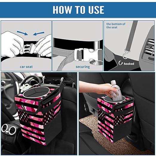 Car Trash Can USA Flag Camouflage Wate-rproof Auto Garbage Bag Car Trash Can with Lid Leak-Proof Car Storage Bag Hanging for Headrest Collapsible and Portable with Storage Mesh Pocket