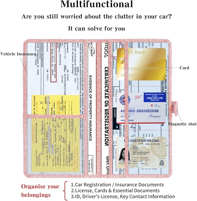 Car Registration & Insurance Card Holder Leather Auto Glove Box Organizer Document Wallet with Magnetic Shut (Glitter Rose, large)
