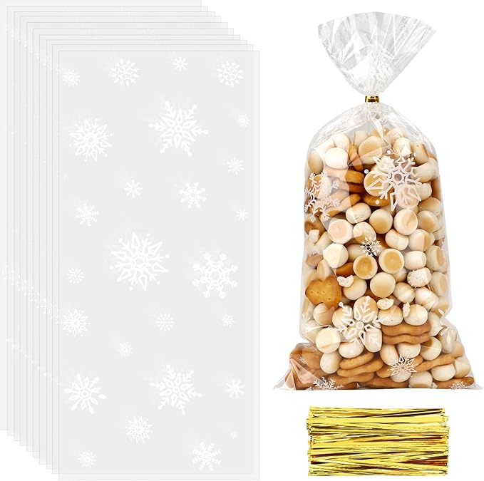 100 PCS Winter Cellophane Treat Bags(5.1x10.6 Inch) with Ties Plastic Snowflake Goodie Candy Cookie Loot Gifts Bags Bulk Pouches for Christmas Frozen Party Favors Supplies Decorations Holiday Birthday