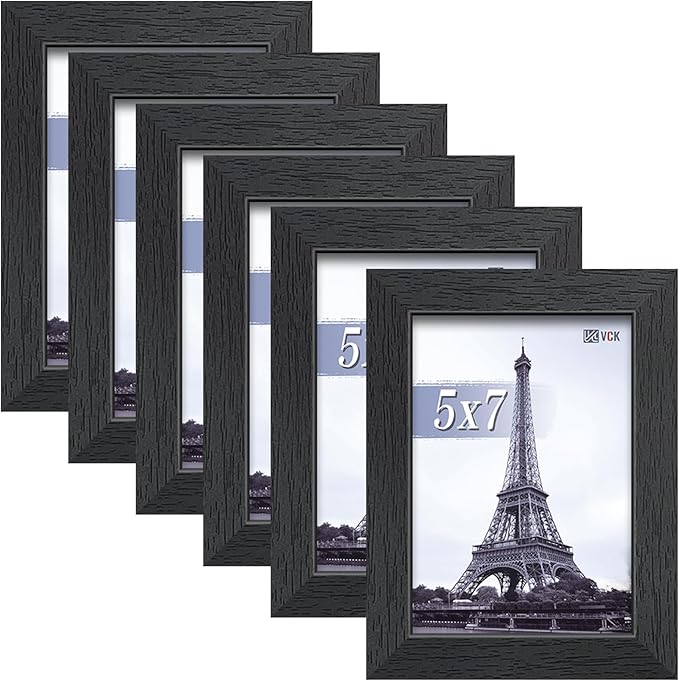 VCK 5x7 Picture Frames Black Set of 6, Wide Border Wood Poster Frame, Multi-Directional Display Family Photos, Office Prints, Studio/Gallery Artwork, Woodgrain Series, Tabletop & Wall Hanging
