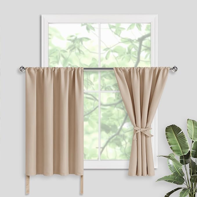 JIUZHEN Short Blackout Curtains for Small Window - Cafe Room Darkening Privacy Thermal Insulated Half Window Curtains Tiers for Bathroom,Kitchen, W 42 x L 36, Set of 2 Panels with Tiebacks, Beige