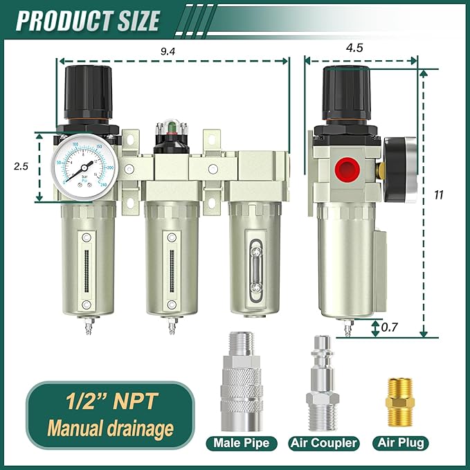 Industrial Grade 3-Stage Air Drying System, 1/2" NPT with Manual Drain, Desiccant Dryer, Air Regulator, Particulate Filter and Coalescing Filter for Paint Spray, Plasma Cutter