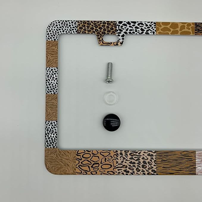 Animal Print Collage License Plate Frame Cover, Matte White Powder Coated Stainless Steel, Animal Print Auto Car Tag Frame with 2 Holes & Free Screws