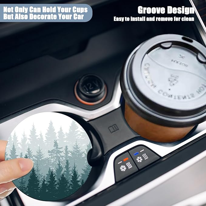 Car Cup Holder Coaster - Misty Forest Absorbent Ceramic Coaster, Car Coasters for Cup Holders, Auto Accessories for Women & Men, Pack of 2