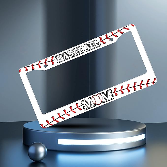 2 Pcs Baseball Mom License Plate Frame Ball Texture License Plate Frames Personalise Stainless Steel Funny Design Compatible with Standard License Plate Holder for USA and Canada 6 X 12 Inch