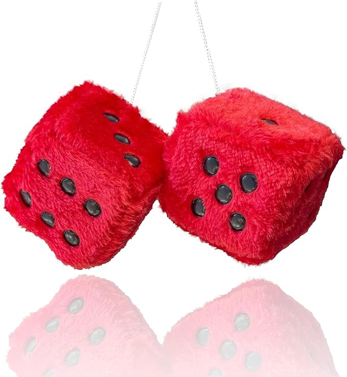 Fuzzy Plush Dice for Car Mirror, Pair of Retro 3??Red Dice with Black Dots for Car Interior Hanging Ornament Decoration