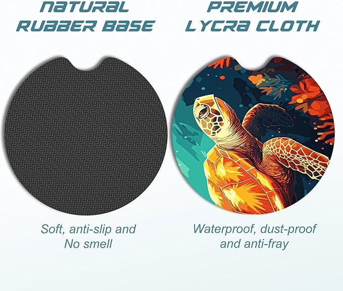 Car Cup Holder Coasters, 2 Pack Universal Auto Anti Slip Insert Coaster with A Finger Notch, Cute Car Assecories for Women Men, Cup Mat for Most Interior, Turtles