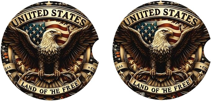 ABLESKY Car Coasters for Cup Holders, 2 Pack Absorbent Anti Slip Car Cup Holder Coasters, 2.56 Inch Ceramic Universal Size Auto Interior Accessories Women Men-Patriotic Bald Eagle USA Flag