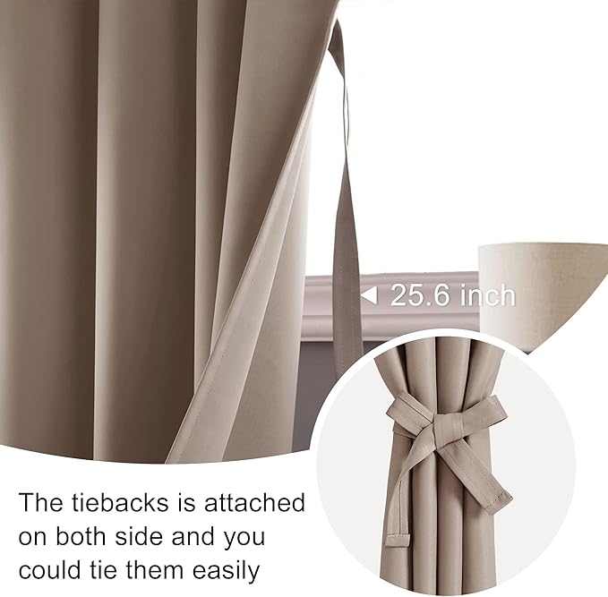 JIUZHEN Blackout Curtains for Bedroom - Thermal Insulated Room Darkening Rod Pocket Curtains for Living Room, Set of 2 Panels with Tiebacks, 52 x 90 Inch Length, Camel