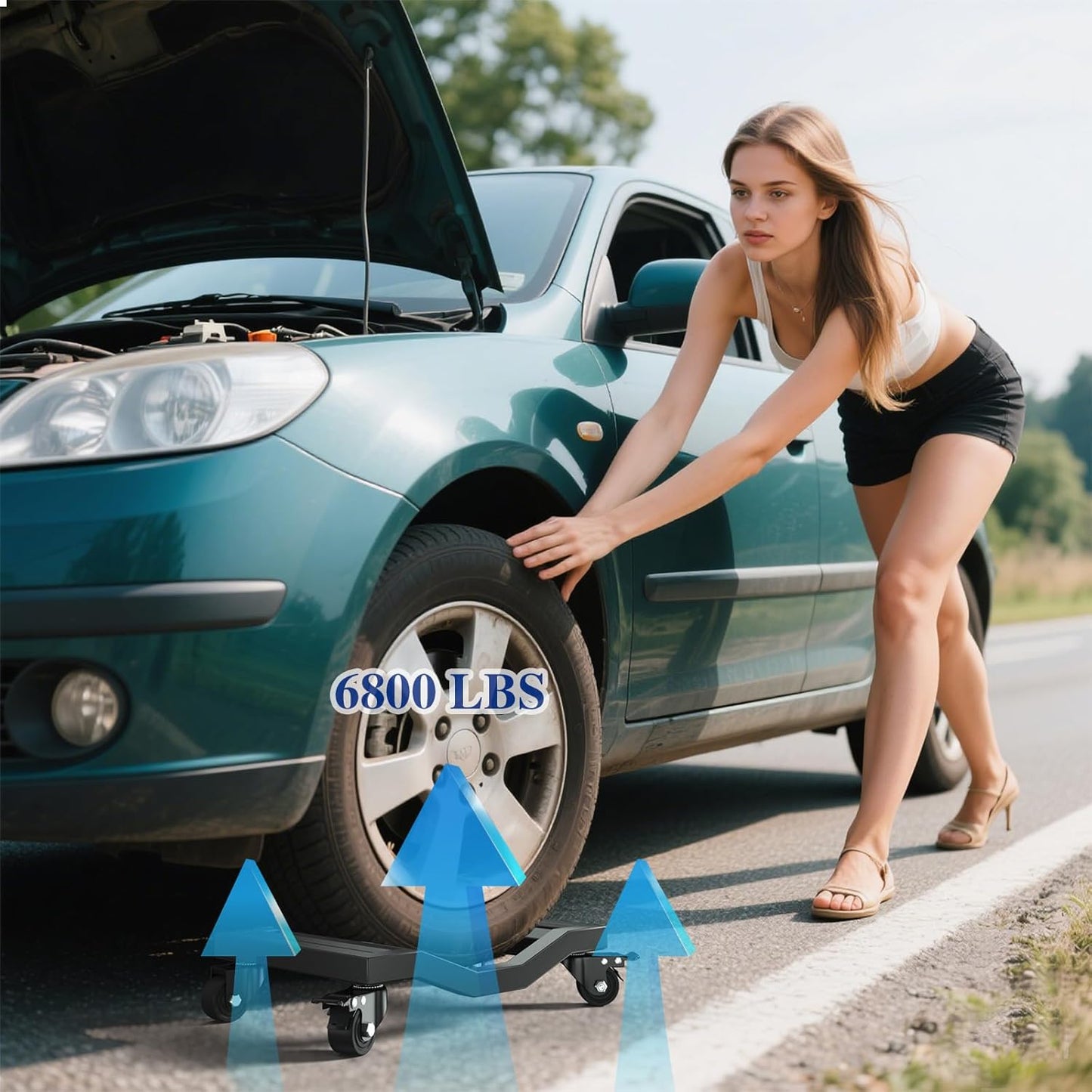 I'EZONK Industrial Stainless Steel Car Dolly Set of 2-6,800lb/3,084kg Capacity | Pro Vehicle Mover w/Locking Brakes | U-Shaped Design for Cars/SUVs/Trucks & Trailers