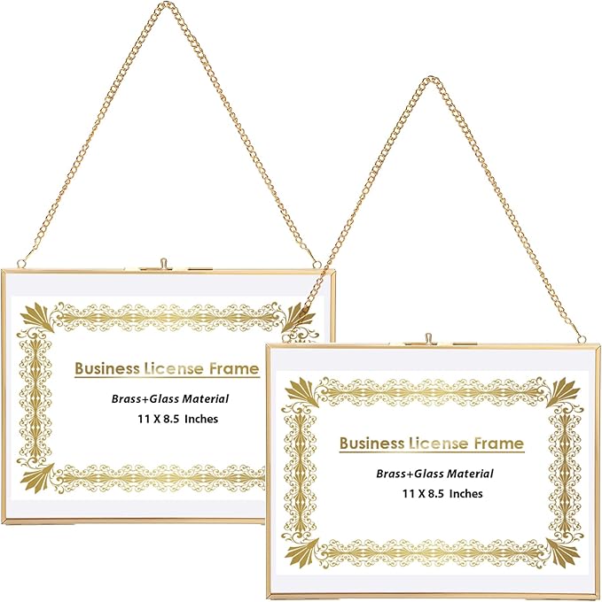 JUXYES 2 Pack Wall Hanging Business License Frame Brass Certificate Display Frames, Double Glass Floating Diploma Frames, Wall Mount Golden Graduation Frame for 8.5x11 Inches Certificate Business Licenses