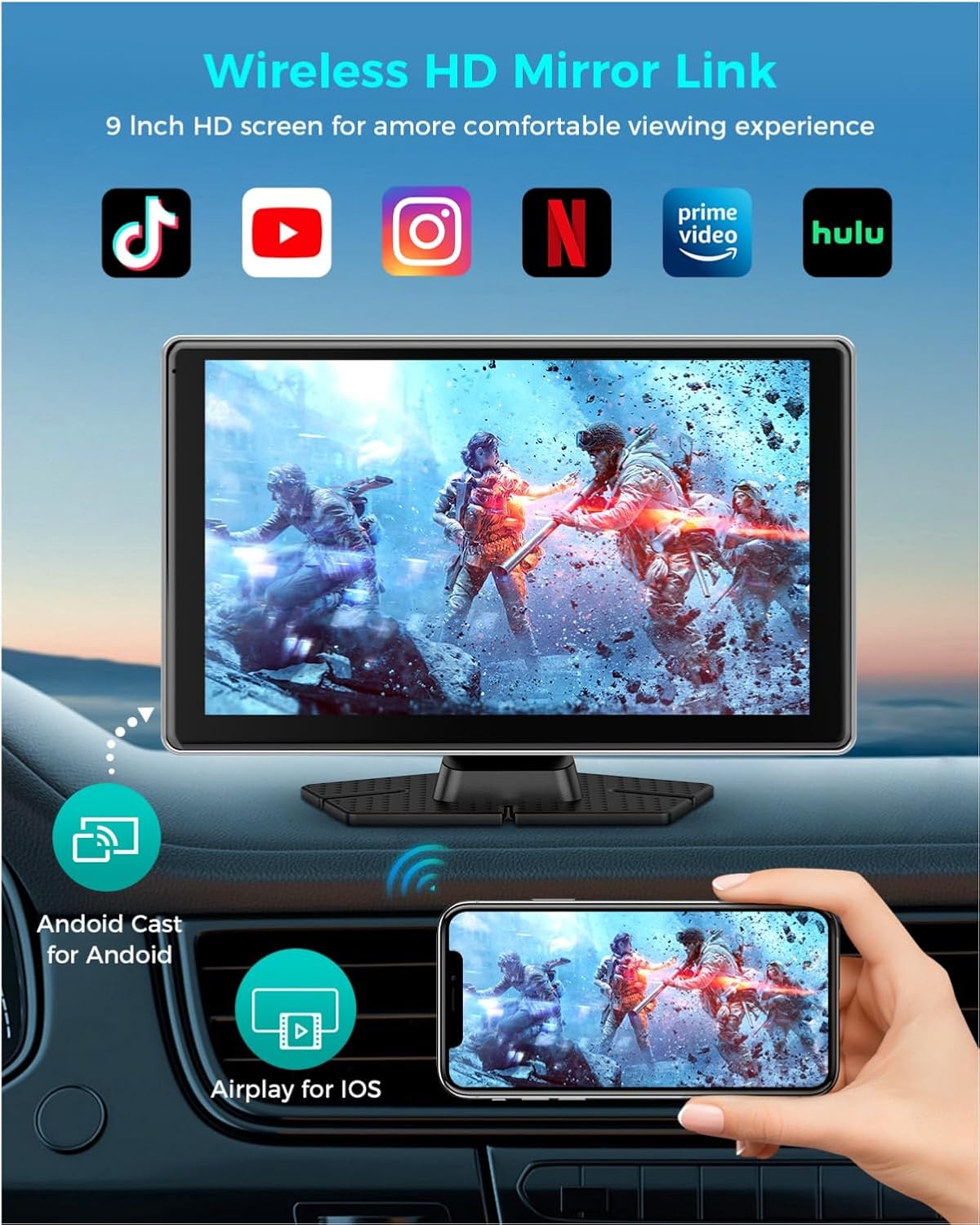 Wireless Carplay with 4K Dash Cam, 9" Portable Carplay Screen for Car, Apple Carplay & Android Auto Car Satellite Radio with 1080P Backup Camera, GPS Navigation/Mirror Link/Voice Control/Bluetooth
