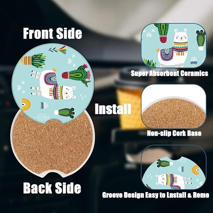 Car Cup Holder Coaster - Alpaca Plants Absorbent Ceramic Coaster 2 Pack, Car Coasters for Cup Holders, Fashion Car Interior Accessories Drink Coaster for Women & Men