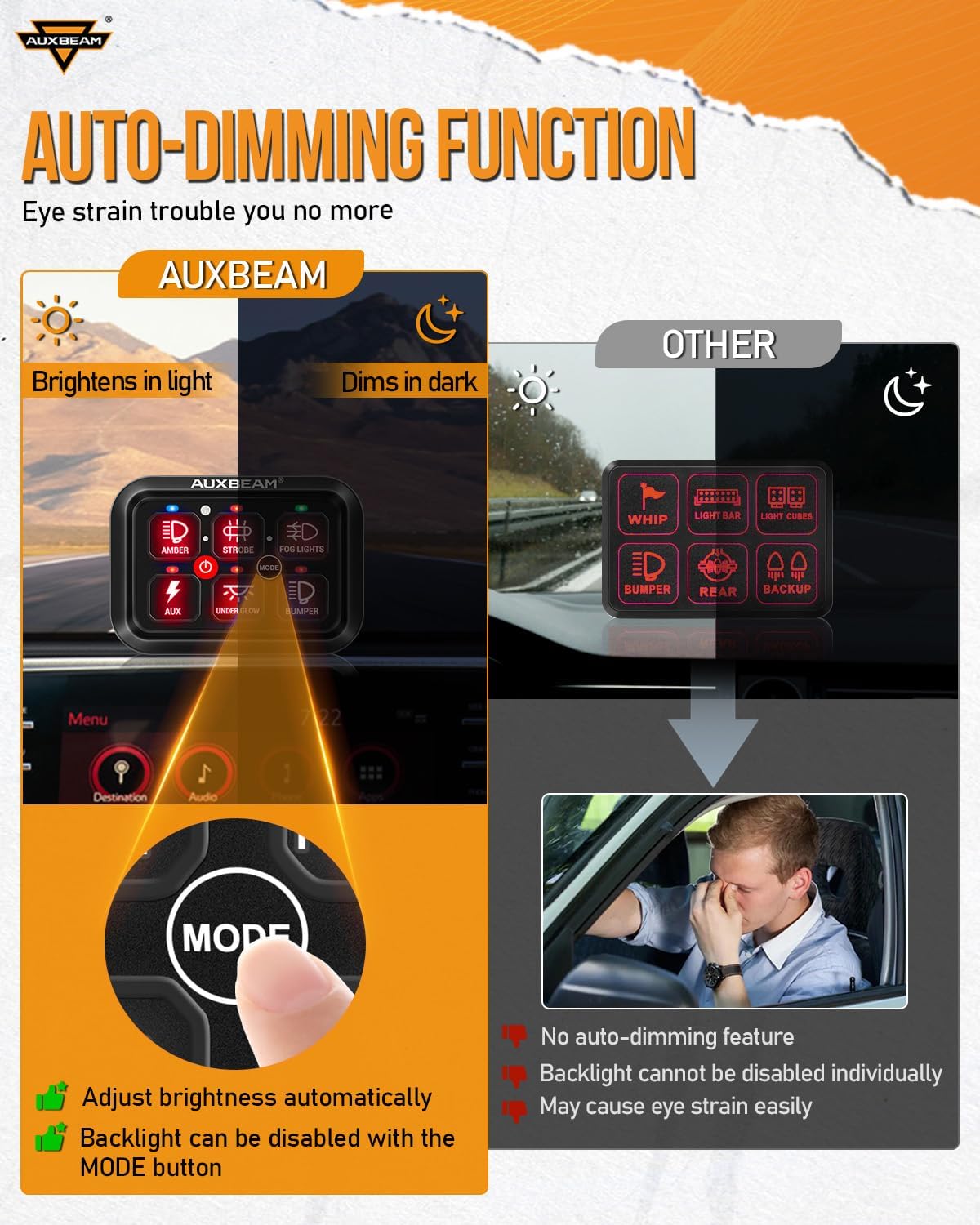 Auxbeam RGB 6 Gang Switch Panel RA60 Auto-Dimmable Switch Panel w/Momentary Toggle Pulsed Memory Function, 12-24V Switch Panel for Truck UTV Car Boat Waterproof, 2-Year Warranty