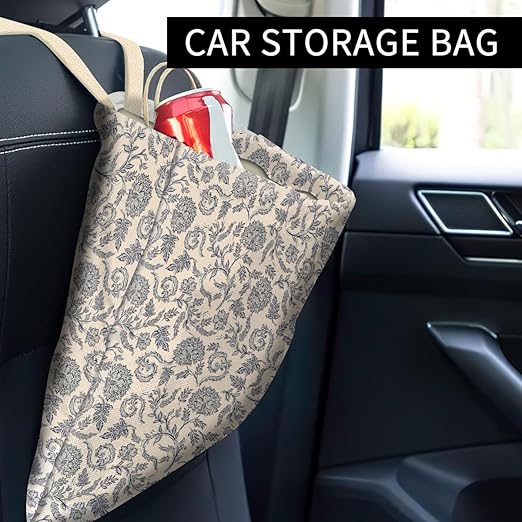 Car Trash Can, Cute Car Trash Bag, Hanging Car Organizer and Storage Bag, Trash Bin for Car Accessories, Vehicle, Travelling, Camping Retro White Flower