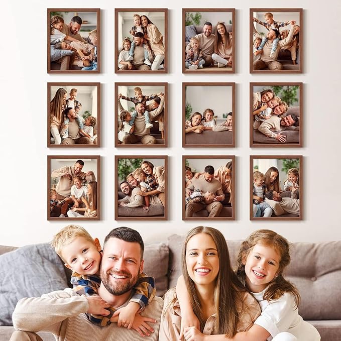 Renditions Gallery Set of 12, 11X14 Custom Photo Prints with Real Wood Picture Frames. Create Personalized Photos with Peel & Stick Photo Frames. Brown Frame