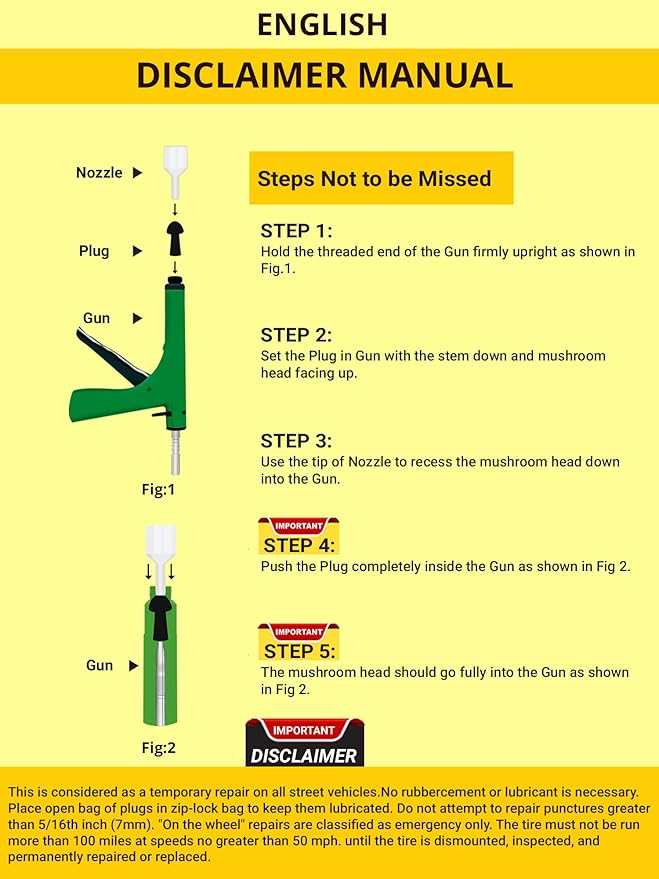 GRAND PITSTOP Tubeless Tire Gun Puncture Repair Kit with Mushroom Plug for Tyre Punctures and Flats on Cars, Motorcycles, ATV, Trucks & Tractors (Gun Puncture Kit 30 Plugs)