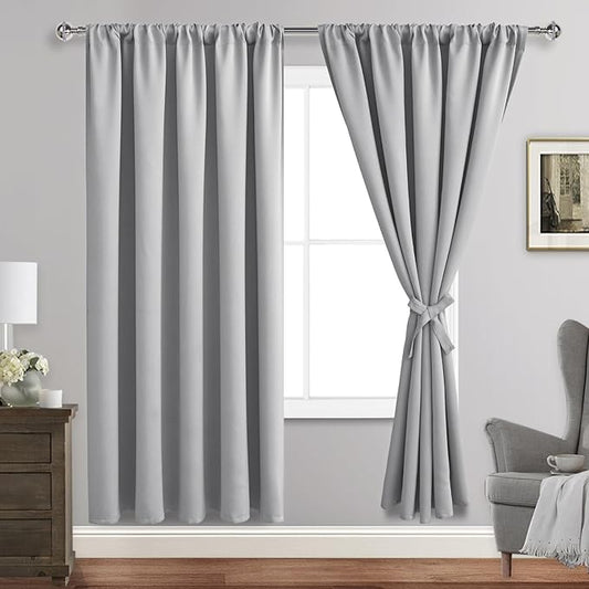 JIUZHEN Silver Grey Curtains for Bedroom - Thermal Insulated Blackout Curtains with Tiebacks 2 Panels, Room Darkening Rod Pocket Curtains for Living Room, 60 x 72 Inch Length