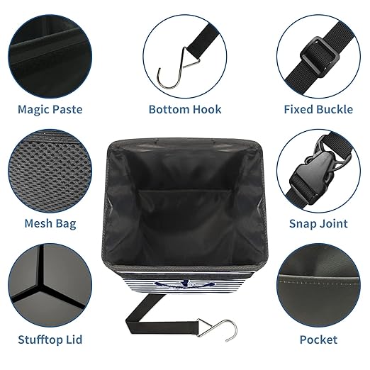 Car Trash Can Nautical Navy Blue Anchor Auto Garbage Bag Car Trash Can with Lid Leak-Proof Car Storage Bag Auto Garbage Bag Hanging for Headrest Collapsible and Portable with Storage Mesh Pocket