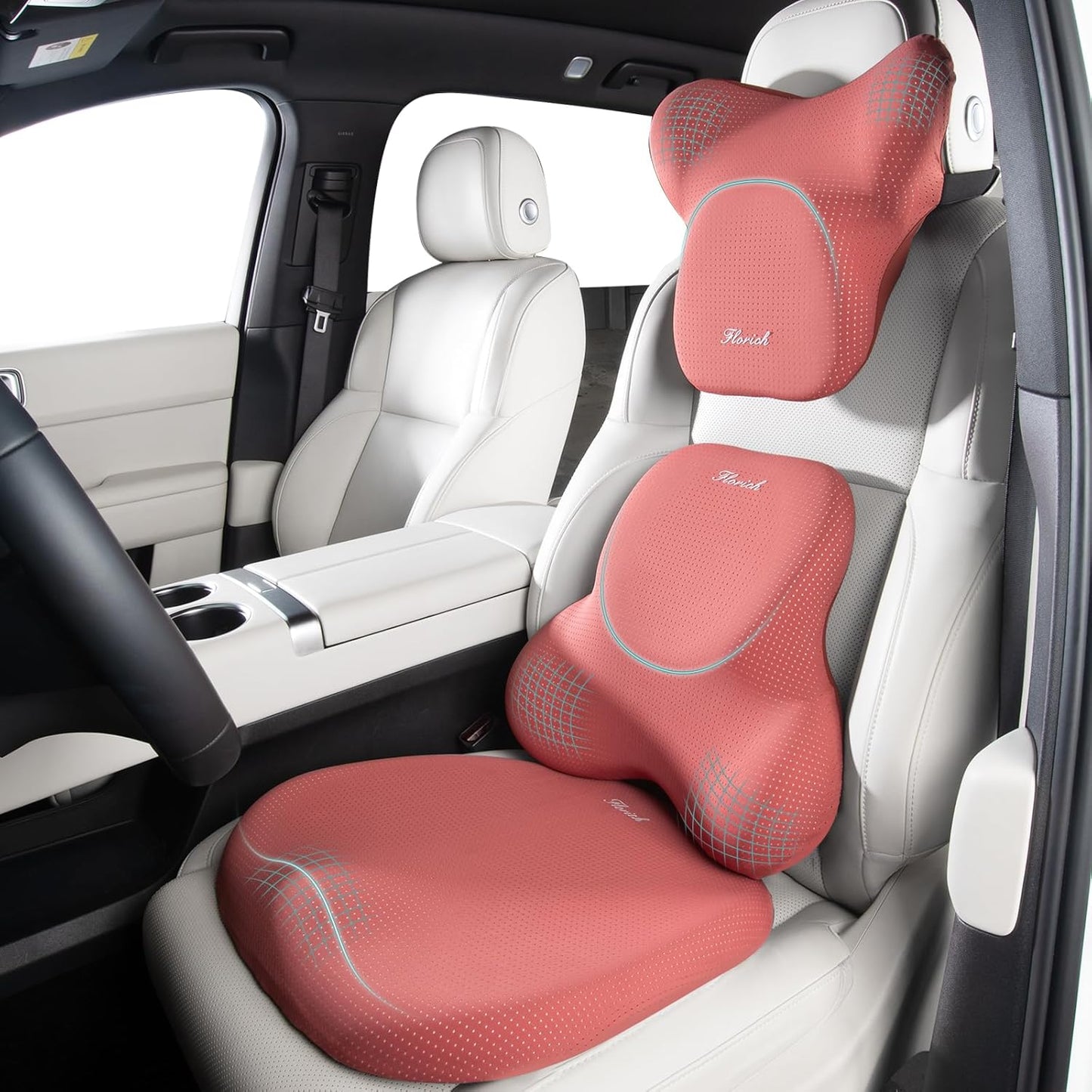 FLORICH Car Seat Cushion and Lumbar Support Pillow for Office Chair Car, Neck Headrest Pillow, Ergonomic Memory Foam, Pressure-Relieving Back Support for Car, Office Chair & Wheelchair – Red