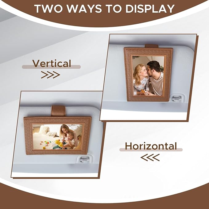 KINIVA 2 Pack Car Picture Holder - Magnetic Faux Leather Picture Frame for Safe Driving - Gift for Dad Mom Husband Wife Car Visor Accessories, Car Accessory (Fits 2.5"x3.5" Photos) (Brown)