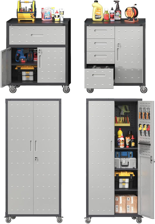 Metal Tool Cabinet,Garage Storage Cabinet System,Wall Cabinet & Locking Rolling Tool Cabinet with Doors and Adjustable Shelves,Steel Tool Cabinets for Home,Office (4 Pcs-StyleB, Black & Grey)