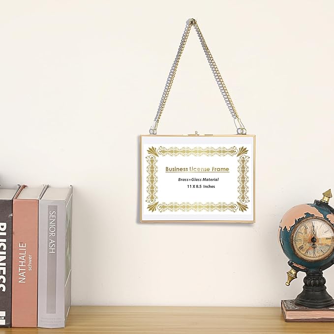 JUXYES 2 Pack Wall Hanging Business License Frame Brass Certificate Display Frames, Double Glass Floating Diploma Frames, Wall Golden Graduation Frame for 8.5x11 Inches Certificate Business Licenses