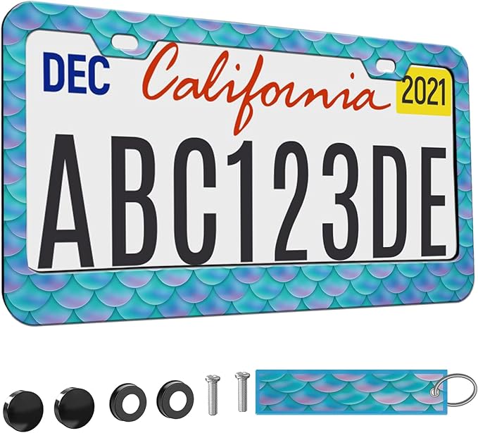 1pcs Blue Fish Scale patternt License Plate Frame for Women, Mermaid Fish Scale car Decorative tag Frames Girly, Blue Scales License Plate Cover Holder for Vehicle with Double Sided car Keychain tag