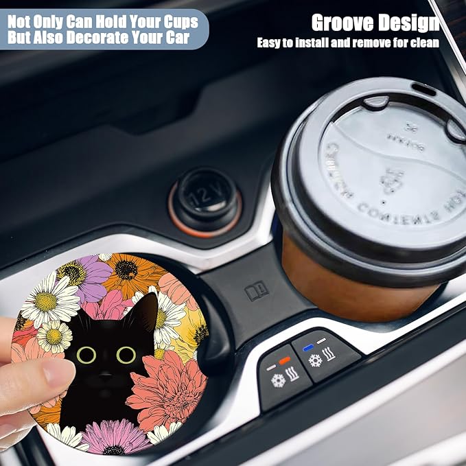 Car Cup Holder Coaster - Black Cat Flower Absorbent Ceramic Coaster 2 Pack, Car Coasters for Cup Holders, Fashion Car Interior Accessories Drink Coaster for Women & Men