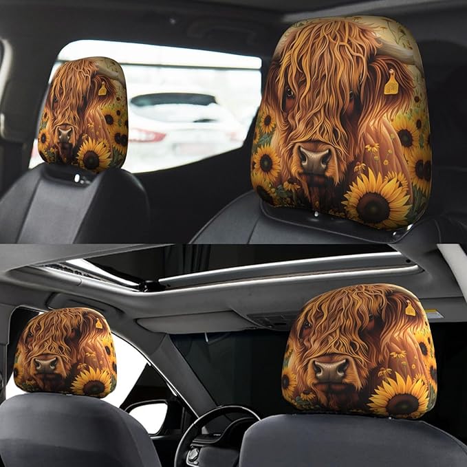 Dujiea 2 Pack Highland Cow Sunflowers Car Headrest Covers, Universal Soft Car Seat Head Rest Cover Protector, Vehicle Accessories Fabric Headrest Cover for Cars Vans Trucks