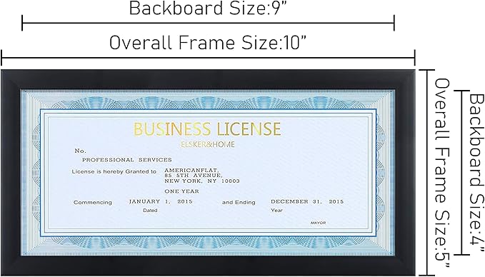 ELSKER&HOME 4x9 Business License Frame Black for 4 x 9 Standard Business Licence, Wall or Tabletop Display Panoramic Picture with No Mat (2 Pack)