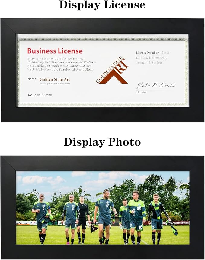 Golden State Art, Wood Frame for 4x9 Business License Certificate with Real Glass & Table-top Display, Black