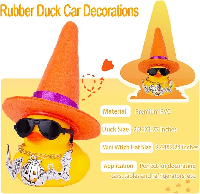 Rubber Duck Car Ornaments Yellow Duck Car Dashboard Decorations with Mini Witch Hat Sunglasses Necklace and Cute Accessories for Party Gifts(H1)