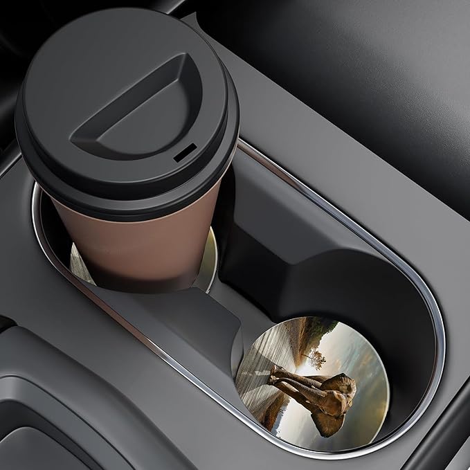 Walking Elephant Car Cup Holder Coaster, Car Coasters for Cup Holder, 2 Pack Natural Animal Landscapes Anti-Slip Absorbent Ceramic Car Cup Coasters for Women Men with Finger Notch Cork Base 2.56"