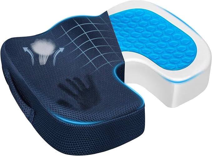 Gel Seat Cushion for Car Office - Memory Foam Pain Relief Chair Pillow Cushions - Tailbone Sciatica Coccyx Butt Lumbar Support Pad for Sitting Driving Traveling, Mesh, Blue