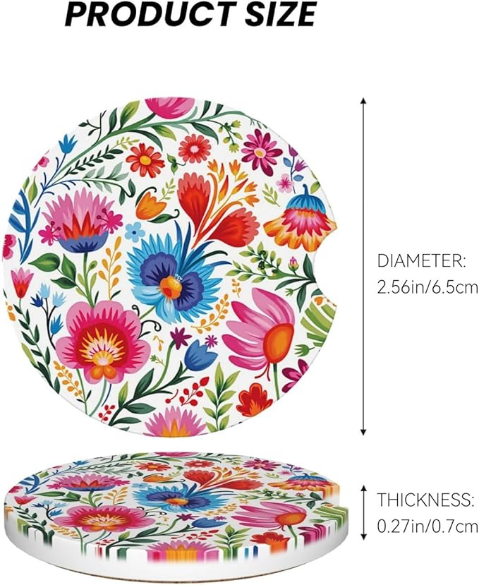 ABLESKY Car Coasters for Cup Holders, 2 Pack Absorbent Anti Slip Car Cup Holder Coasters, 2.56 Inch Ceramic Universal Size Auto Interior Accessories Women Men-Retro Flowers Colorful