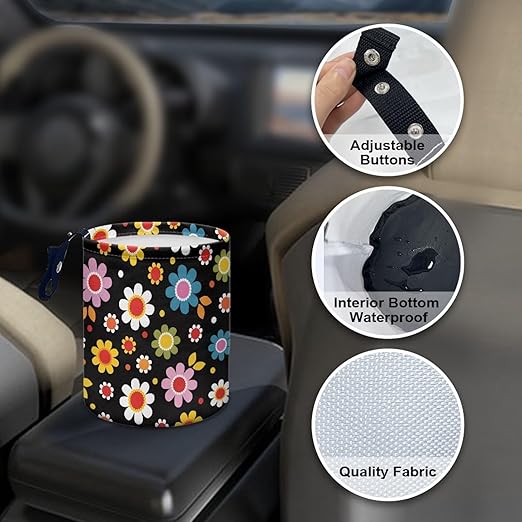 Colorful Hippie Flowers Car Trash Can Collapsible Car Waste Basket Container Waterproof Auto Storage Box Travel Accessories