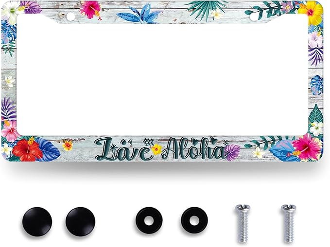Hawaii License Plate Frame Aloha Hibiscus Flowers License Plate Stainless Steel Funny Accessories Cars Decor for Men Women 12.2 X 6.2 Inch with 2 Holes and Screws Fits Standard Us Ca Vehicles