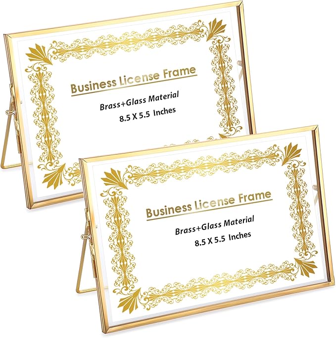 JUXYES 2 Pack Tabletop Business License Frame Brass License Certificate Display Frame, Double Glass Floating Diploma Frames, Desktop Golden Graduation Frames for 5.5x8.5 Certificate Business Licenses