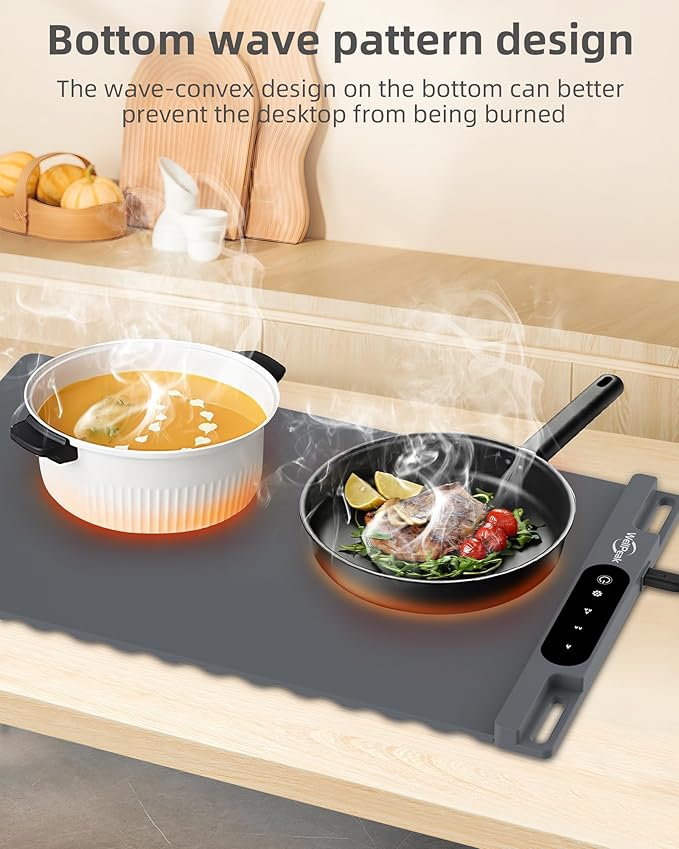 Electric Warming Mat for Food - Full Surface Fast Heating Silicone Tray with 3-Level Temperature, Auto-Off, Raised Feet for Table Protection, Versatile Warmer for Gatherings, Party, Home Buffet, Gray