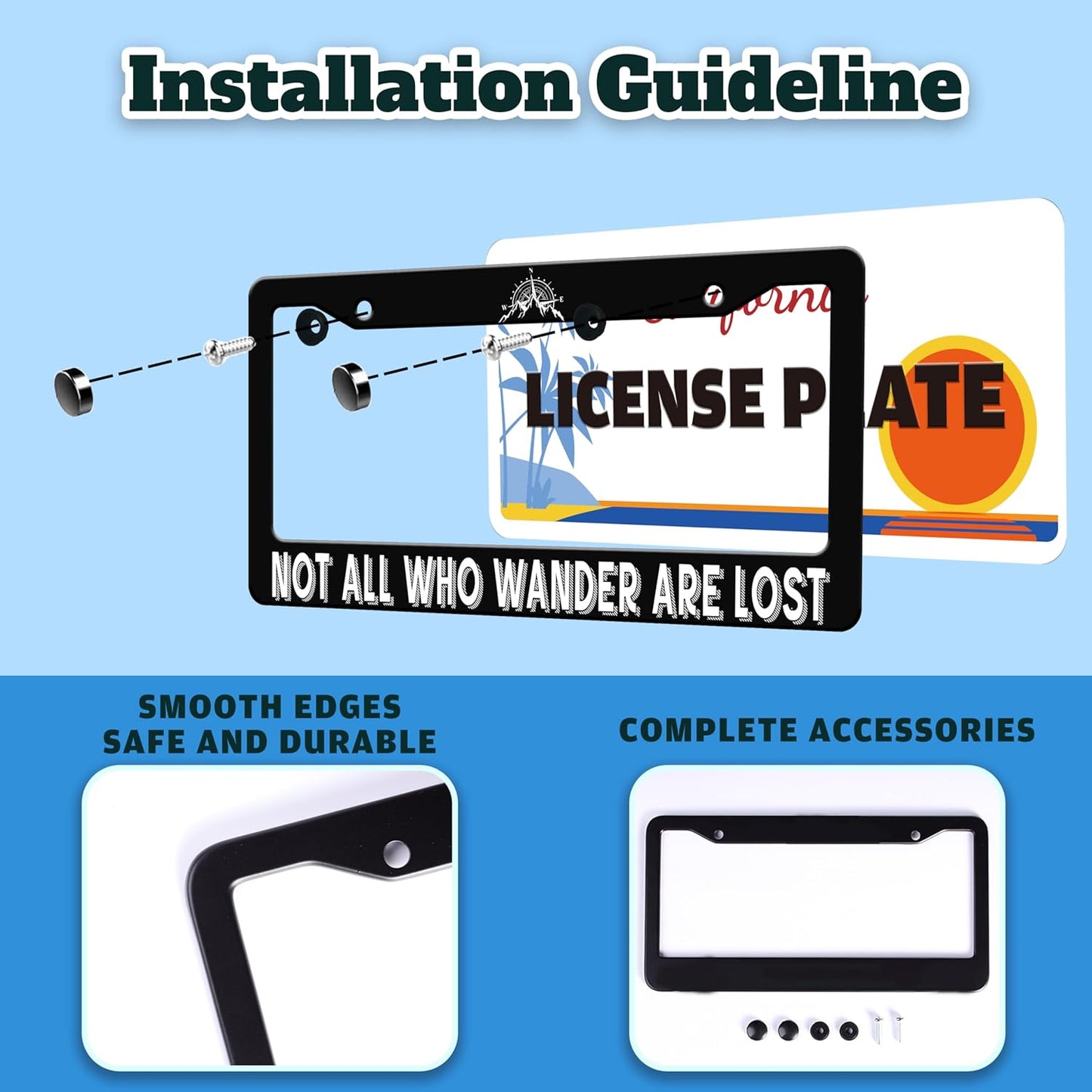 Not All Who Wander are Lost License Plate Frame Mountain Compass Stainless Steel License Plate Holder for Front or Rear Car Tags Funny for Car Decoration with Screws 6.3 X 12.2 in for Women Men