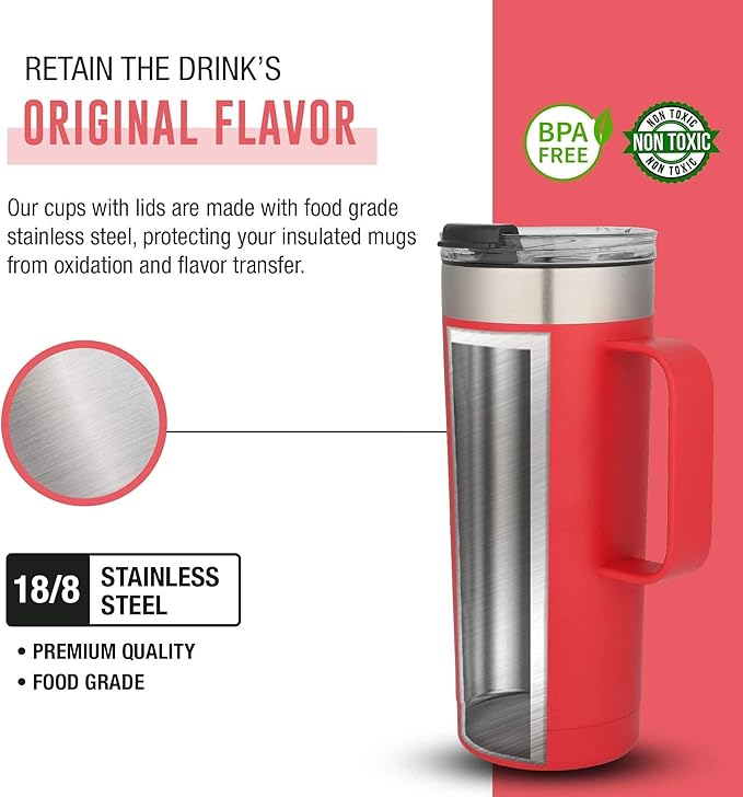 Life's Easy 20oz Stainless Steel Mug w/Handle - Double Wall Insulated Travel Tumbler w/Flip Lid - Leak Proof Tumbler-Thermal Cup for Coffee, Tea & More - Keep Hot & Cold Drinks (Red, 20 oz)