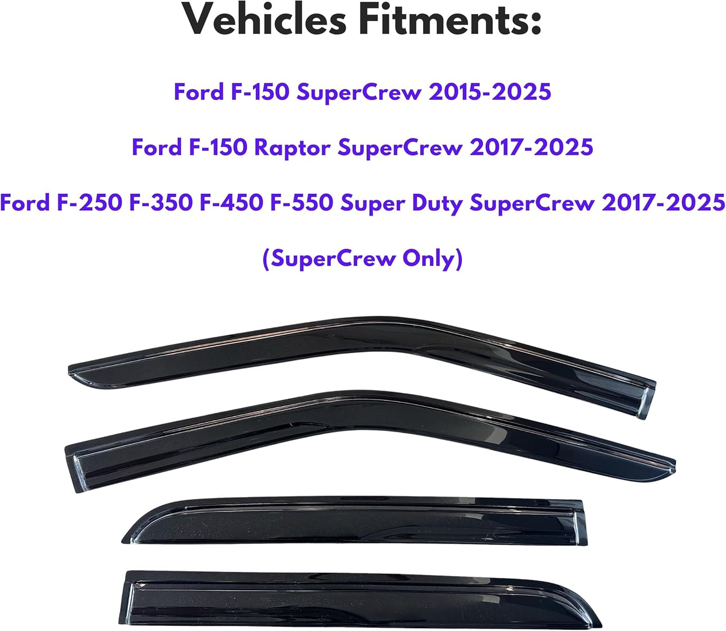 KPY Window Visor Rain Guard for 2015-2025 Ford F150 SuperCrew, Tape-On Deflectors Vent Visor for 2017-2025 F150 Raptor F250 F350 F450 F550 SuperDuty Crew, 2016 2017 2018 2019 2020 2021 2022 2023 2024
