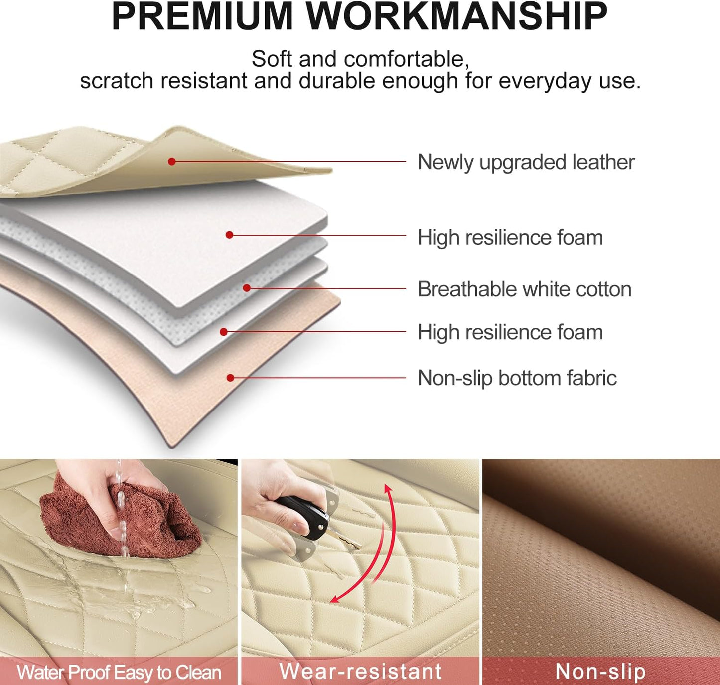 2 Pack Leather Front Car Seat Cover Bottom Car Seat, Universal Anti-Slip Driver Car Seat Protectors with Storage Pocket, Waterproof Bottom Auto Seat Cushion Pad Mat for Most Vehicles(Beige)