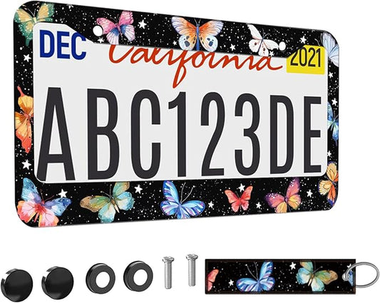 1pcs Colorful Butterfly License Plate Frame for Women,Inspirational Butterfly car Decorative tag Frames Girly,Colorful Butterflies License Plate Cover Holder for Vehicle with car Keychain tag