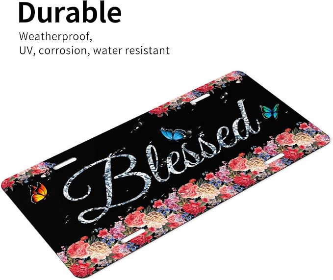 Front License Plate Blessed Glitter Floral Butterfly Vanity Plates Aluminum Metal Decorative Car Tag Novelty License Plate Cover for Men Women ‎6 * 12 in (4 Holes)