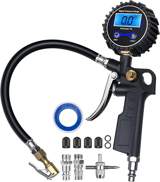 Digital Tire Pressure Gauge with Inflator, 3-250 PSI Air Compressor Accessories with Air Chuck Quick Connect Coupler, Car Attachments with Rubber Hose for Car, Truck, SUV, Cycle, RV