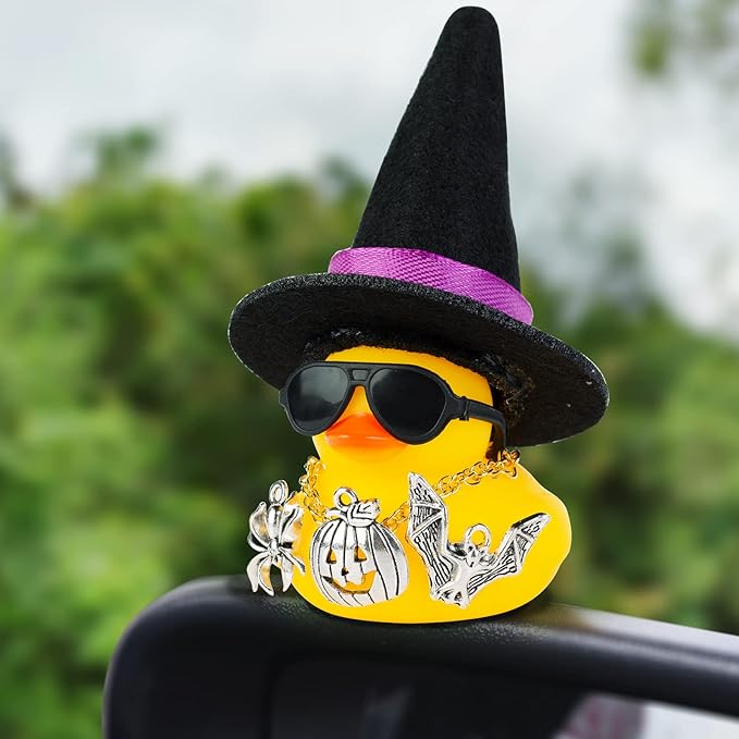 Rubber Duck Car Ornaments Yellow Duck Car Dashboard Decorations with Mini Witch Hat Sunglasses Necklace and Cute Accessories for Party Gifts(H2)